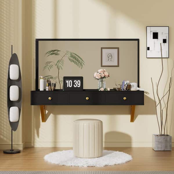 Polibi 47 Black Wall Mounted Makeup Vanity Table Floating Shelf with Drawer for Bedroom RS 57755 B