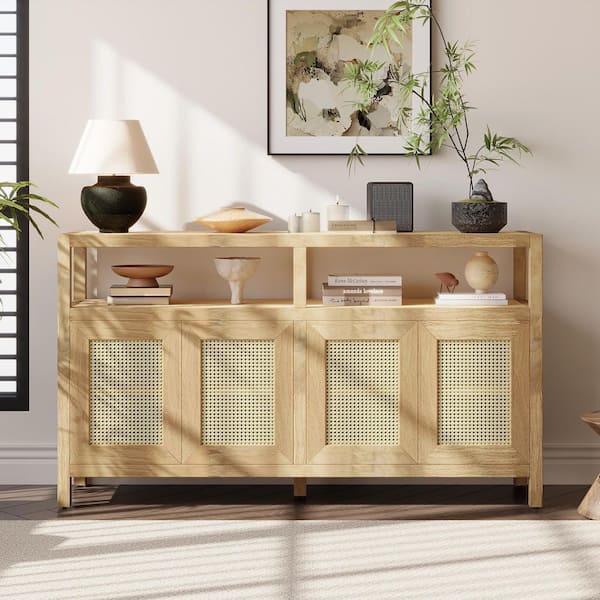 Natural Wood 60 in. Sideboard Rattan Buffet Storage No-Handle Push-to-Open Cabinet with Adjustable Shelves