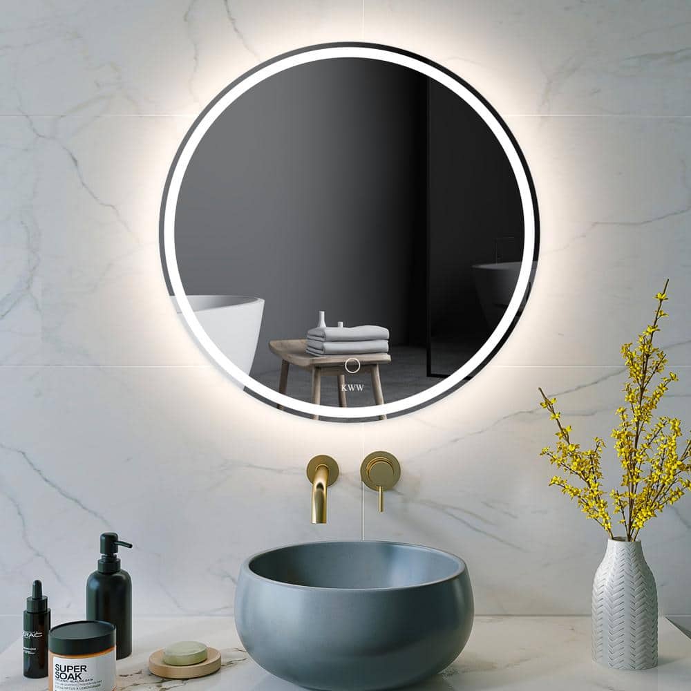 KWW 24 in. W x 24 in. H Large Round Frameless Dimmable Anti-Fog Wall Bathroom  Vanity Mirror in Silver KWW2031-24 The Home Depot