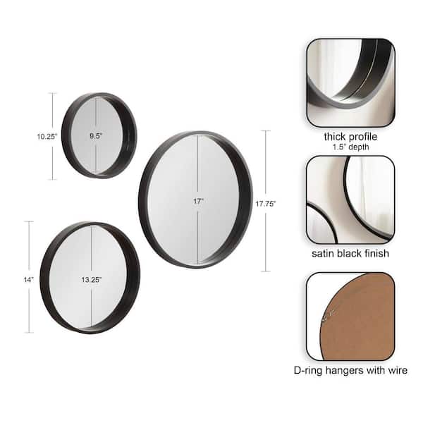 Travis Black 18 in. W x 18 in. H Modern Round Wood Wall Mirror Set (3-Pieces)