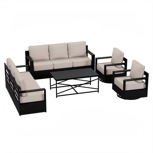 Black 5-Piece Aluminum 8-Seat Outdoor Patio Conversation Set with 2-Swivel Chairs, two 3-seat Sofas, Beige Cushions