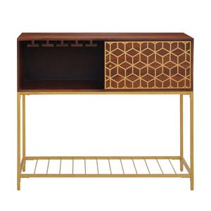 Kalyn Brown and Brass Acacia Wood Bar Cabinet with 1 Door and Geometric Screen Print
