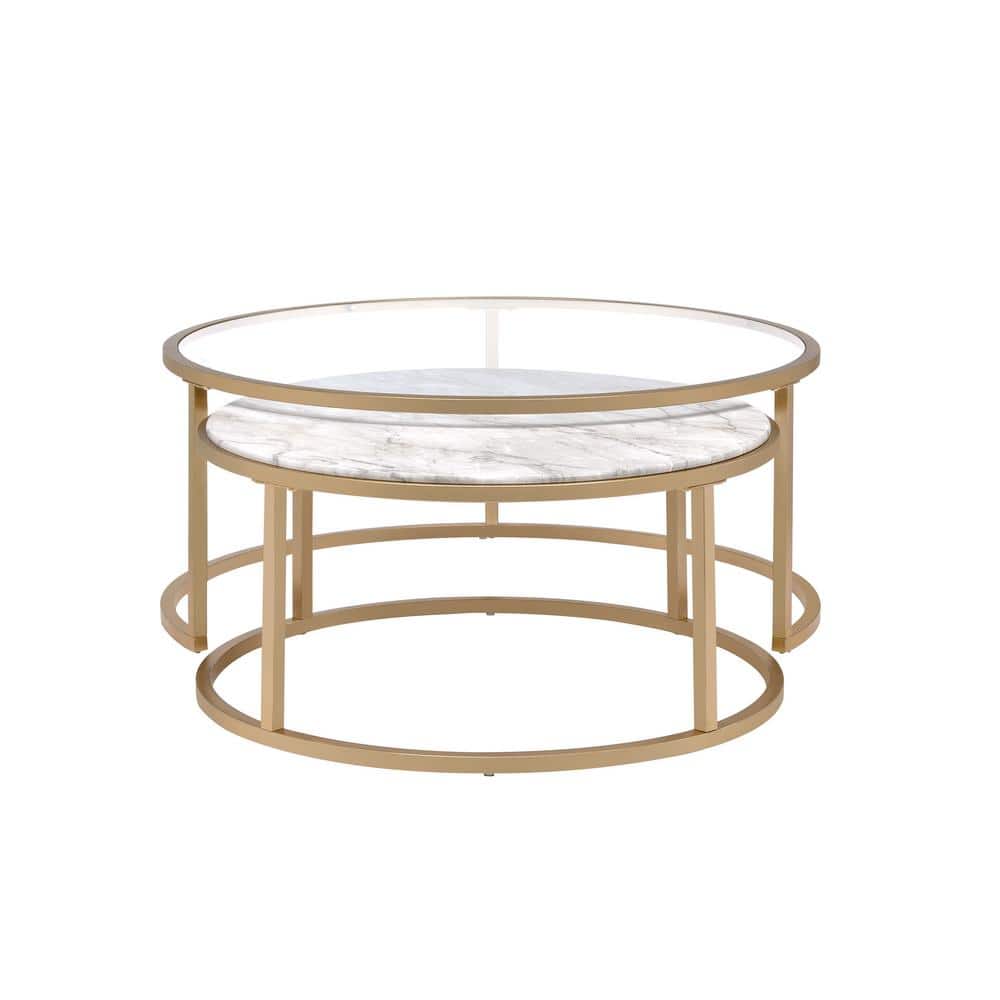 Gold Metal Framed Round Glass and Marble Nesting Coffee Tables
