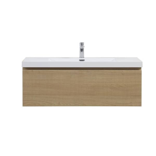 42 in. Wall-Mounted Bath Vanity Modern Floating Bathroom Vanity in Natural Oak with Glossy White Stone Resin Top