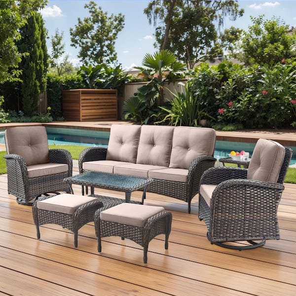 Brown 7-Piece Wicker Patio Conversation Set with Swivel Rockers, Outdoor Sofa Seating Set with Beige Cushions
