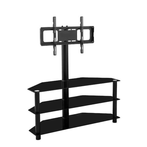 YOFE 43 in. Black 3-Tier Shelves Tempered Glass Multi-function TV Stand Fits TV's up to 65 in. with Swivel&Height Adjustable