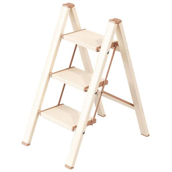 32 in. H Folding Reach 3 Step Ladder with Wider Pedal and Anti-Slip Aluminum, 300 lbs. Capacity, Elegant Cream Chocolate