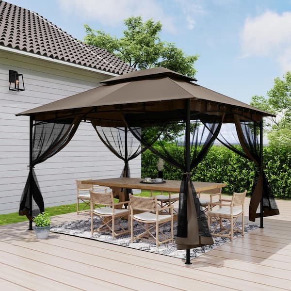 まるページ EGEIROSLIFE 10 ft. x 12 ft. Brown Double Roof Soft Top Metal Patio