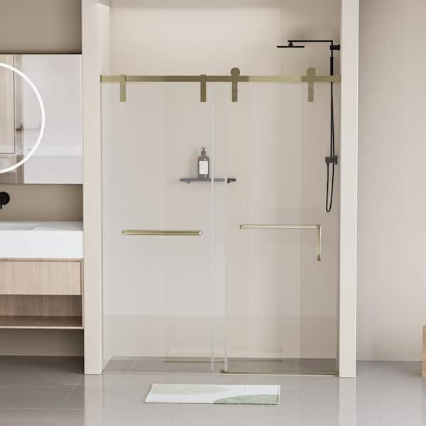 EAKYHOM 60 in. W x 76 in. H Soft Closing Single Sliding Frameless Shower Door in Gold Finish with 5/16 in. Tempered Clear Glass