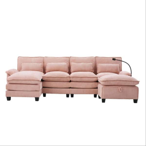 106 in. 5-pieces Chenille U-Shaped Modular Sectional Sofa with Chaise Lounge and Storage Ottoman in. Pink