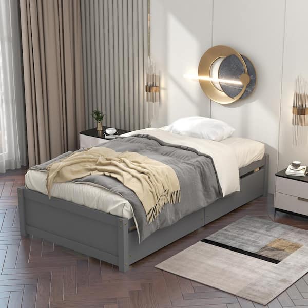Qualler Gray Twin Size Platform Bed with 2-Storage Drawers
