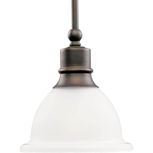 Progress Lighting Madison 7.5 in. 1-Light Antique Bronze Mini Pendant with Etched Glass