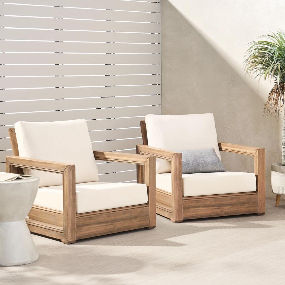 Westchester Brown Removable Cushions Wood Outdoor Patio Club Chair with Beige Cushion (2-Pack)