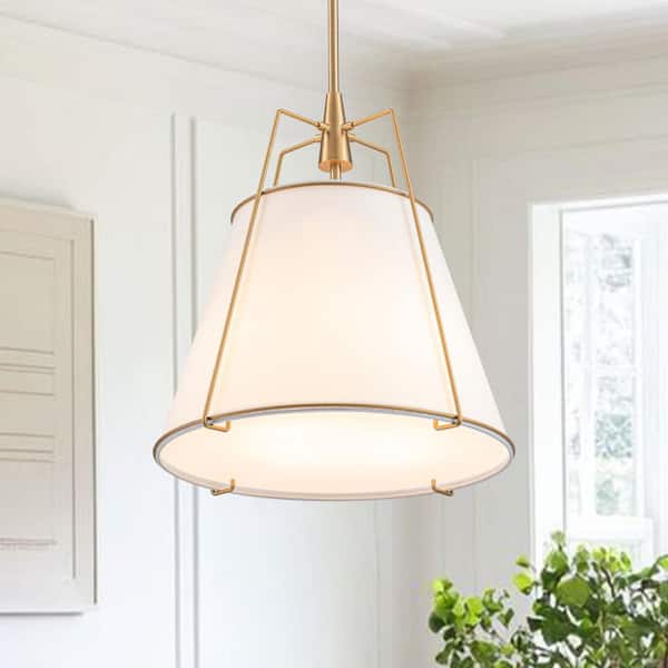 Haven Modern Farmhouse 15 in. W 4-Light Brass Frame Pendant Light with White Fabric Shade for Hallway or Kitchen