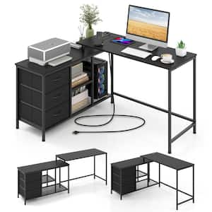 55 in. L-Shaped Black 3-Drawer and Shelves Convertible Home Office Computer Desk with Charging Station