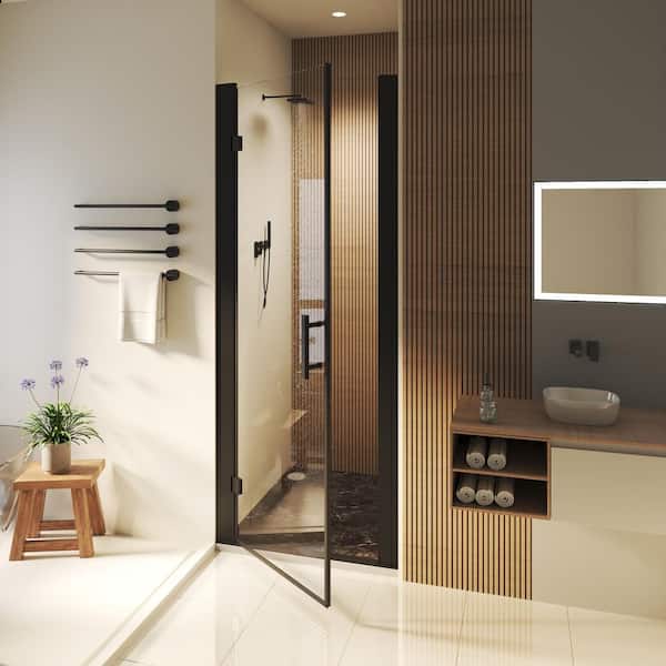28 to 30 in. W x 72 in. H Pivot Swing Frameless Shower Door in Black with Clear Glass