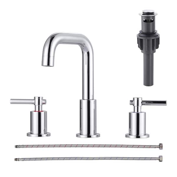Polished Chrome 8 in. Widespread Double Handle High-Arc Bathroom Faucet with Pop-up Drain Kit