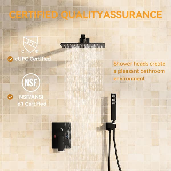 BWE - Rainfall 2-Handle 2-Spray 12 in. Square High Pressure Shower Faucet in Matte Black (Valve Included)