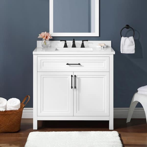 Home Decorators Collection Mayfield 36 in. W x 22 in. D x 34 in. H Single Sink Bath Vanity in White with White Engineered Stone Top