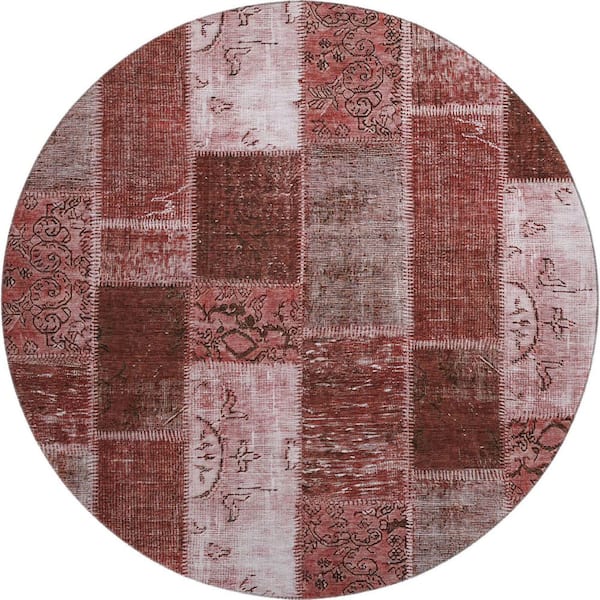Mayfield Premium Machine Washable Indoor/Outdoor Geometric AMF631 Burgundy 8 ft. x 8 ft. Round Rug