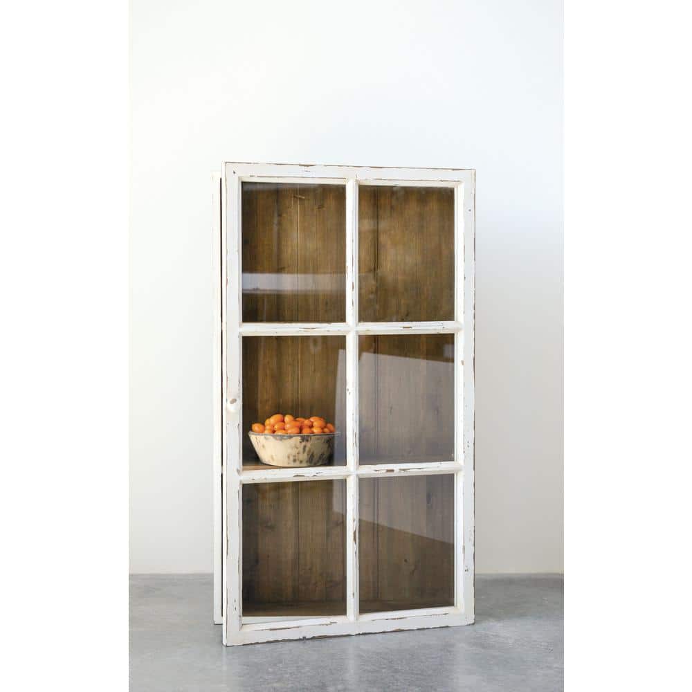Antique White Distressed Wood Wall Cabinet with Glass Door and Shelves