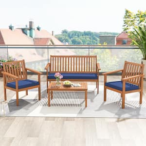 4-Piece Patio Acacia Wood Patio Conversation Set with Loveseat and Navy Cushions