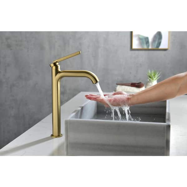 Single Handle Single Hole Tall Bathroom Faucet in Brushed Gold with Aerator