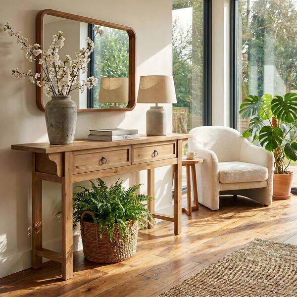 BYBLIGHT Turrella 63 in. Brown Rectangle Solid Wood Console Table with ...