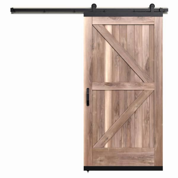 JELD-WEN 36 in. x 80 in. Karona K Design Unfinished Rustic Walnut Wood Sliding Barn Door with Hardware Kit