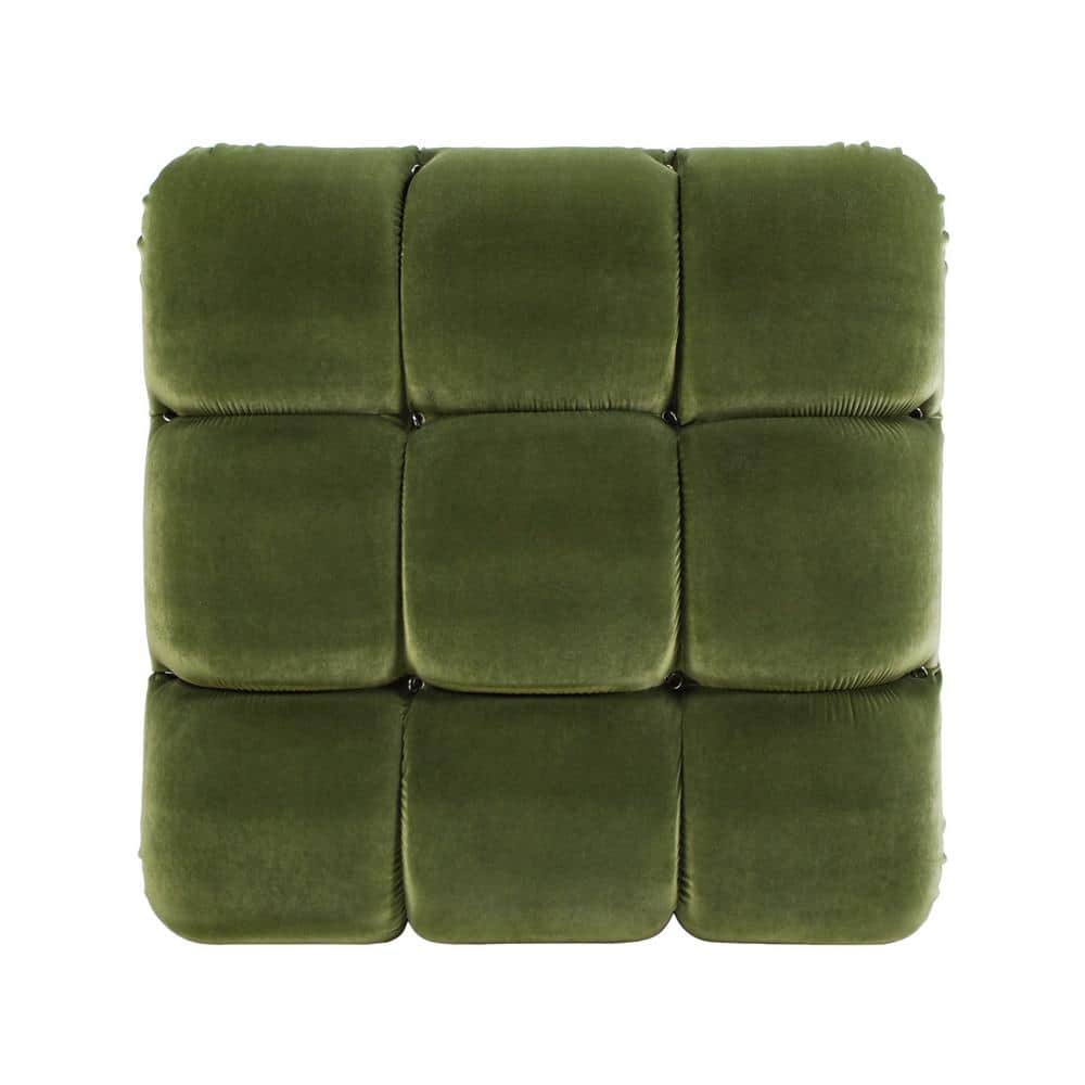 Olive Green Velvet Tufted Square Ottoman