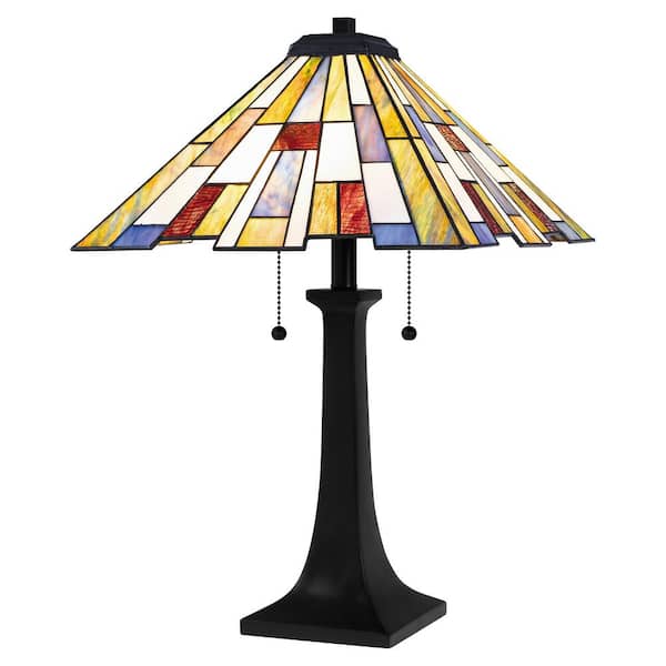 Home Decorators Collection Fallsdale 24 in. 2-Light Matte Black Table Lamp with Tiffany Glass Shade