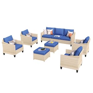 Athena Biege 7-Piece Wicker Outdoor Patio Conversation Seating Set with Navy Blue Cushions