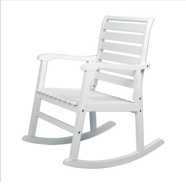 JONATHAN Y Carey Modern Slat-Back 300 lbs. Support Acacia Wood Patio Outdoor Rocking Chair in White