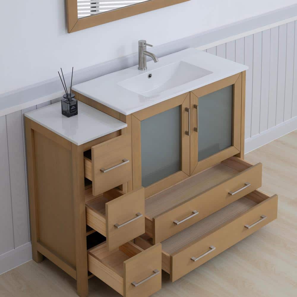 Natural Oak 48" Bathroom Vanity with White Ceramic Top and Mirror