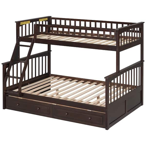 UOI Espresso Twin over Full Bunk Bed with Drawers, Convertible into Two ...