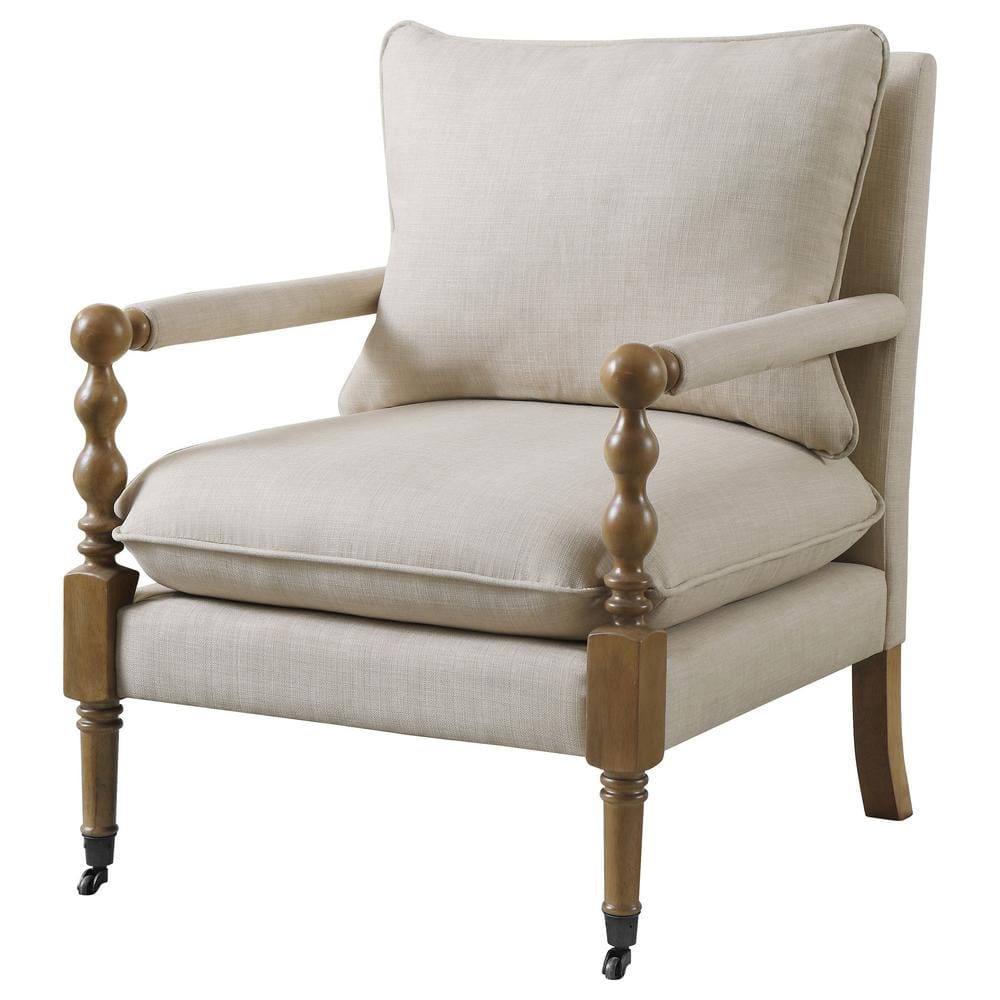 Beige Upholstered Wood Accent Chair with Turned Legs