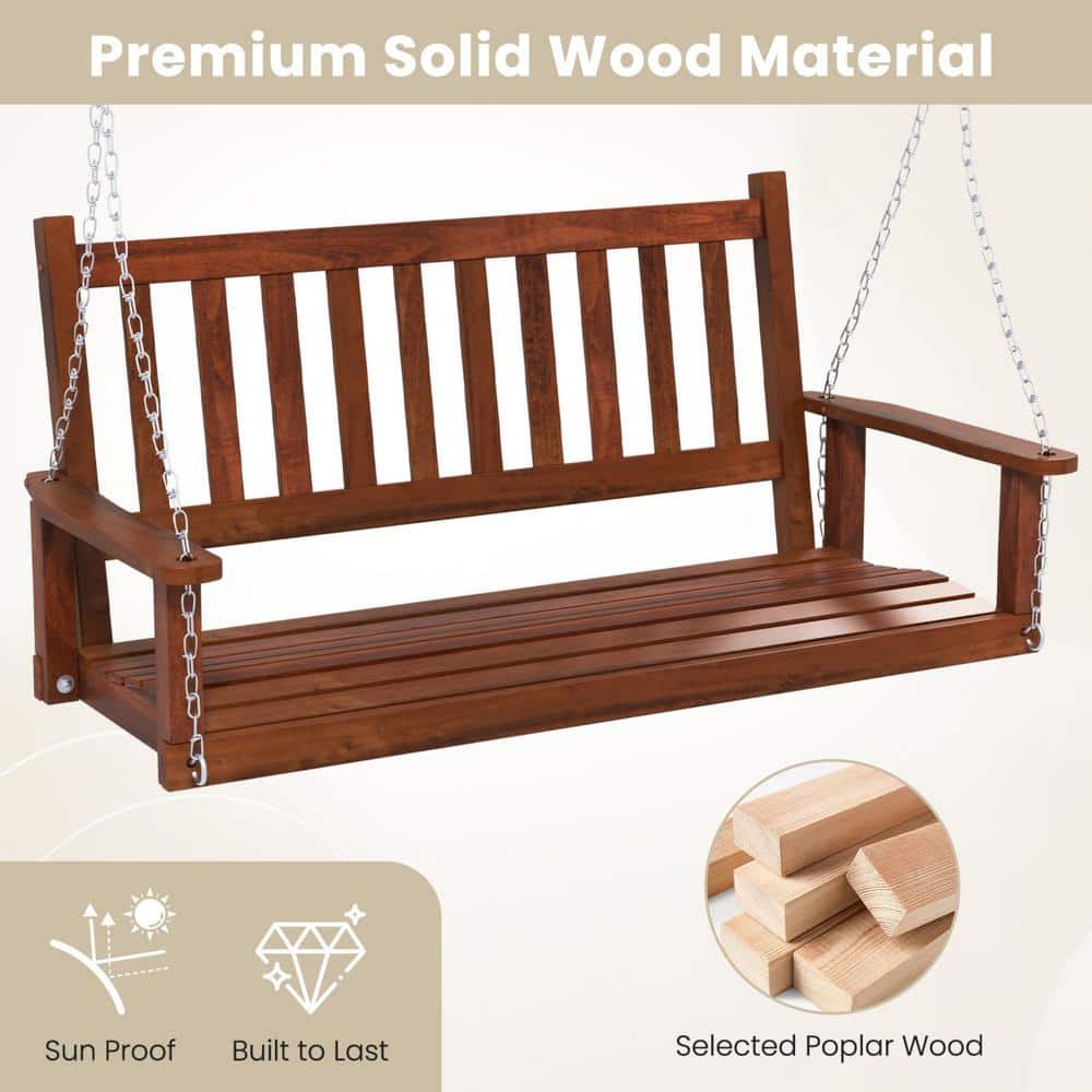 Brown Solid Wood 2-Person Outdoor Porch Swing with Metal Chains