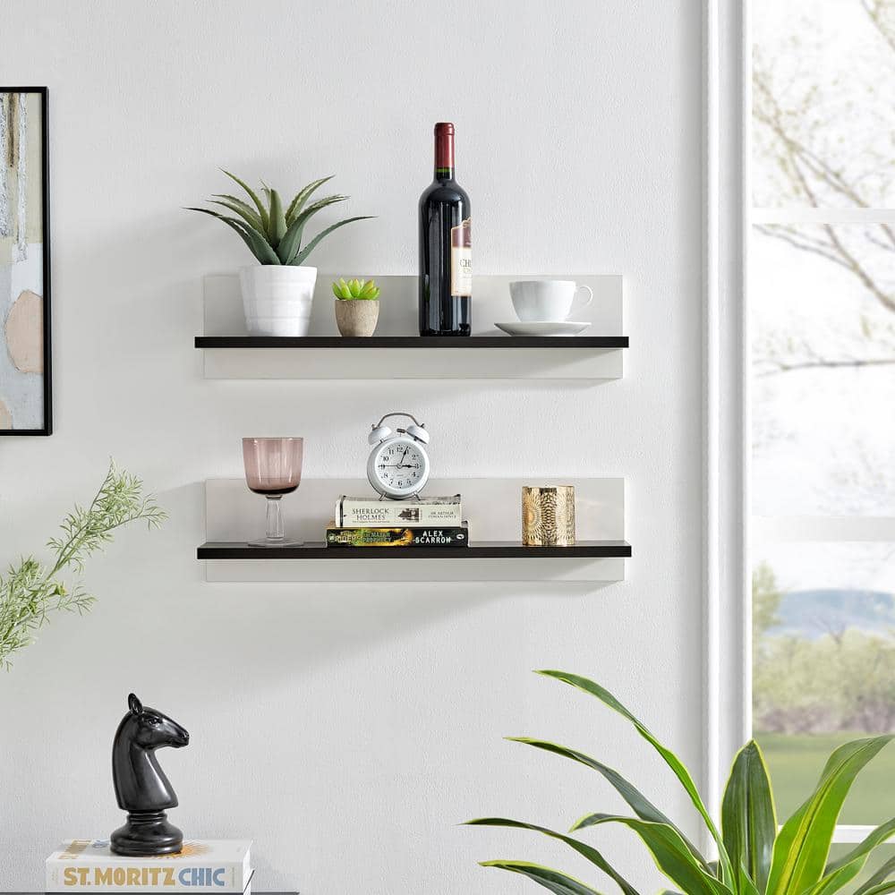 White and Dark Walnut Floating Wall Shelves Set of 2