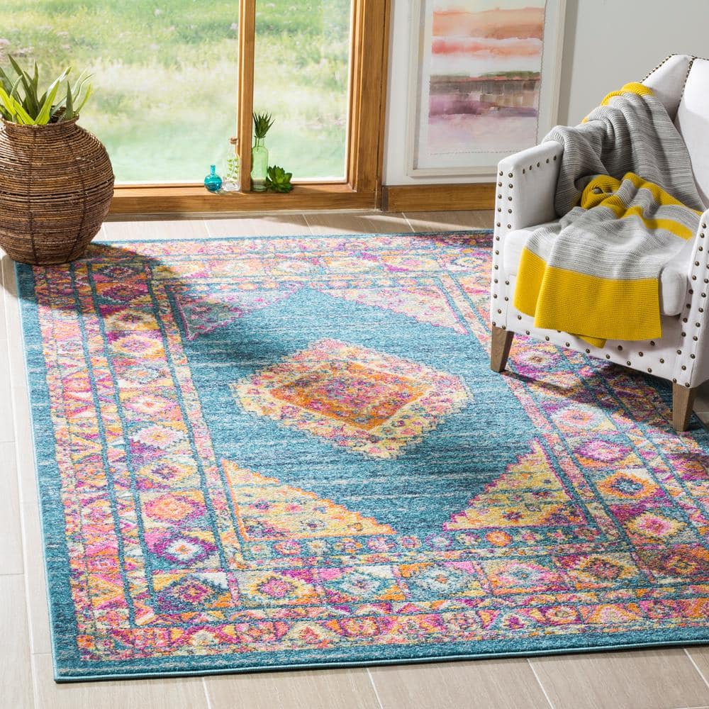Light Blue and Orange Synthetic Easy Care Area Rug, 6' x 9'