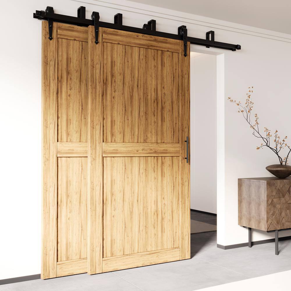 Rustic Black Double Track Bypass Sliding Barn Door Hardware Kit, 9ft