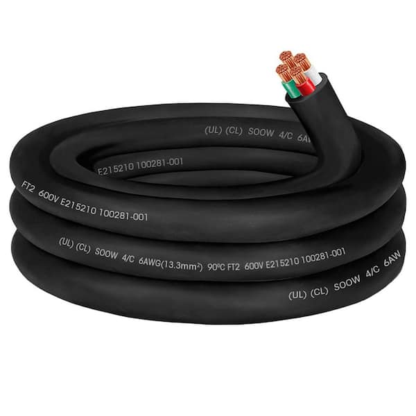 6 ft. 6/4 AWG SOOW Extension Cord 4 Conductor 600V Indoor Outdoor Electric Wire for Generator Welder RV EV, Black