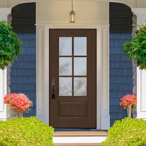 Regency 36 in. x 80 in. 3/4-6 Lite Clear Glass LHOS Hickory Stain Mahogany Fiberglass Prehung Front Door