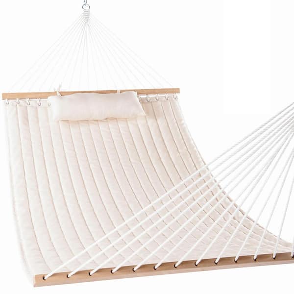12 ft. Double Quilted Fabric 2 Person Hammock in Beige with Spreader Bars and Detachable Pillow for Outdoor