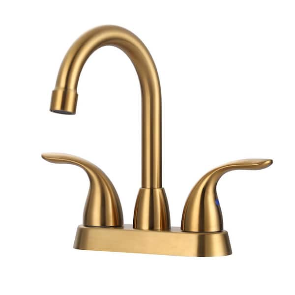 ARCORA 4 in. Centerset Double Handle Low Arc Bathroom Faucet with Pop up Drain Included Supply Lines in Gold