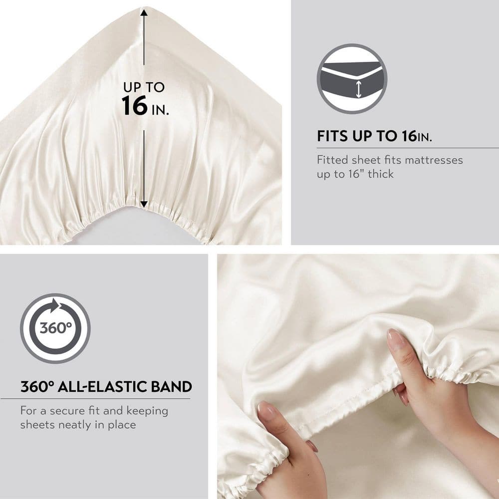 Ivory Queen Satin Polyester 6-Piece Luxury Sheet Set