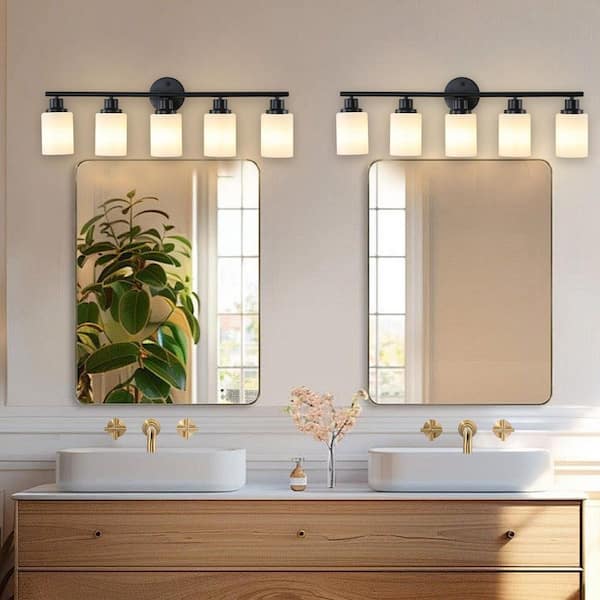 24 in. 5-Light Matte Black Vanity Light w/ Frosted Glass & Black Iron Bedroom Bathroom Light (Bulb Not Included)