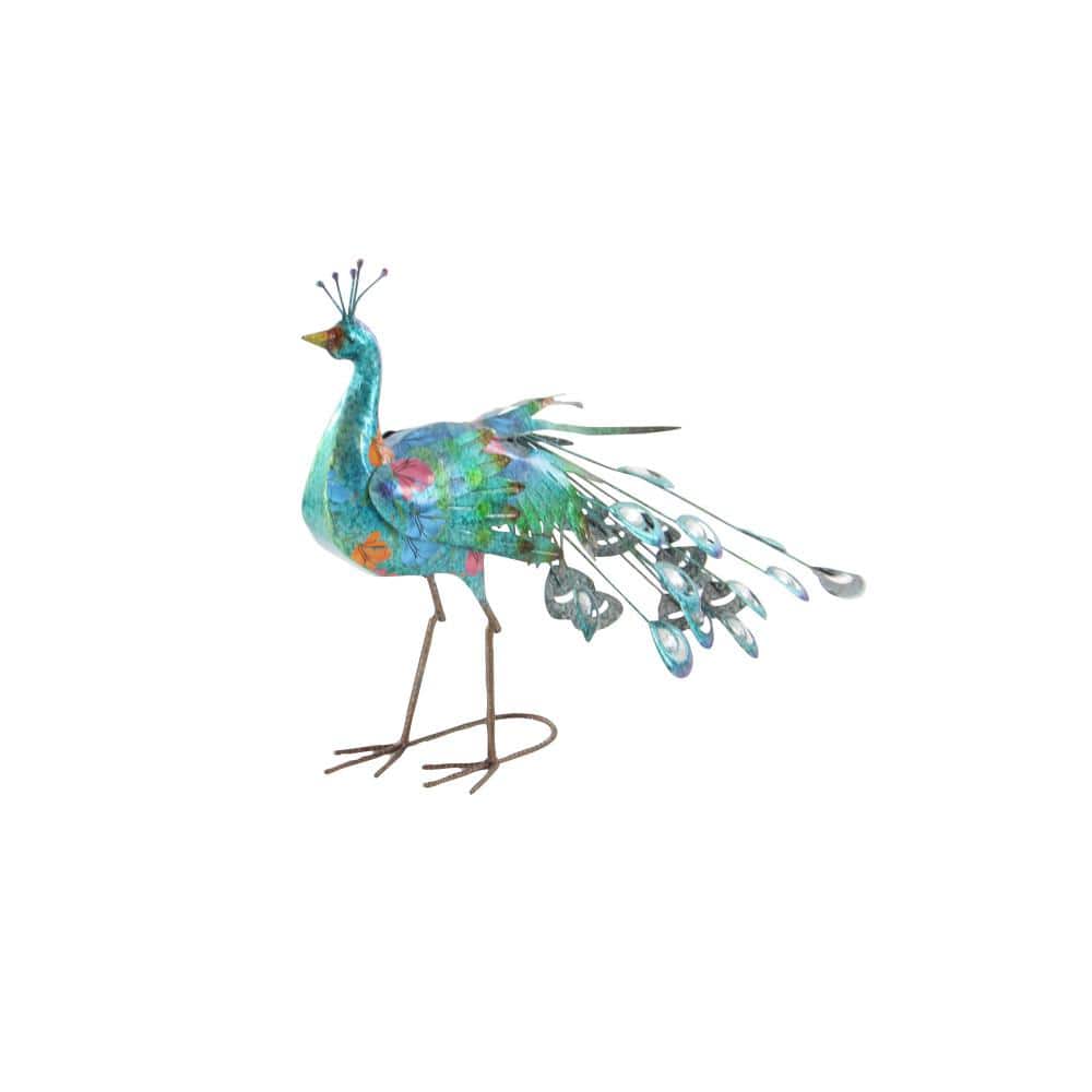 Teal and Blue Metal Peacock Garden Sculpture with Crystal Accents
