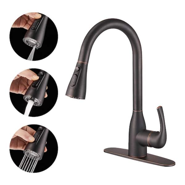 Heemli Gooseneck Single-Handle Pull Down Sprayer Kitchen Faucet with Deckplate Pull Out Sink Faucet in Oil Rubbed Bronze