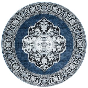 Vintage Hamadan Blue/Gray 7 ft. x 7 ft. Border Medallion Round Area Rug