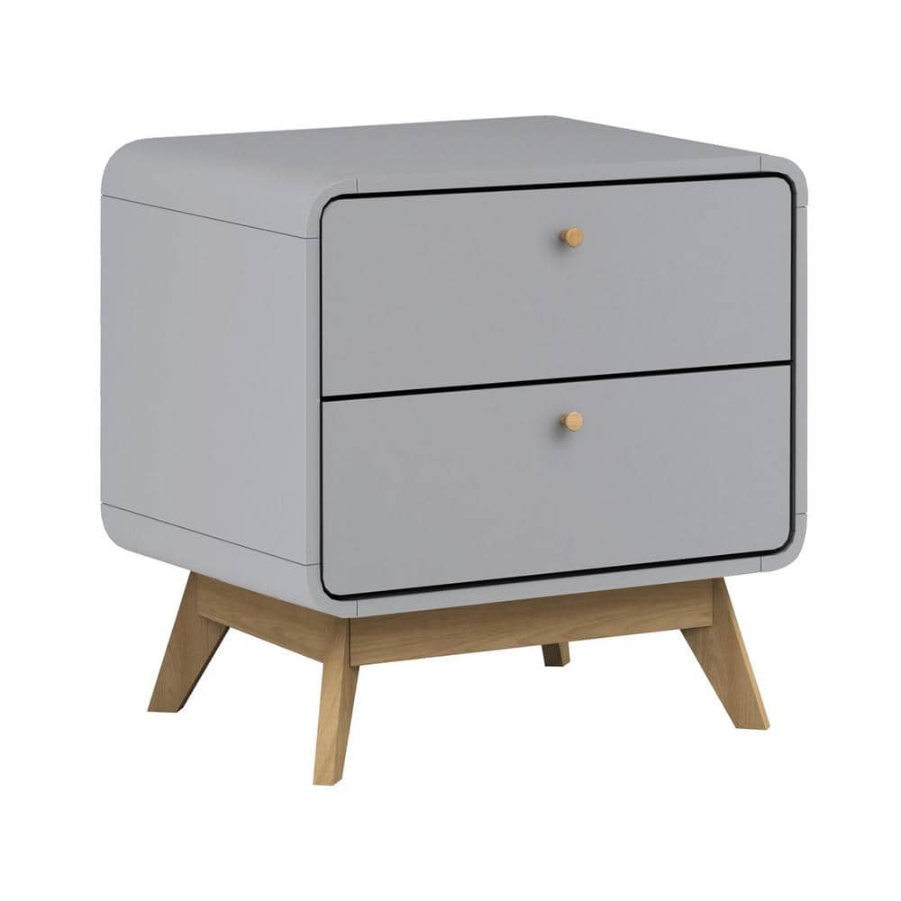 Gray Scandinavian 2-Drawer Nightstand with Natural Wood Legs